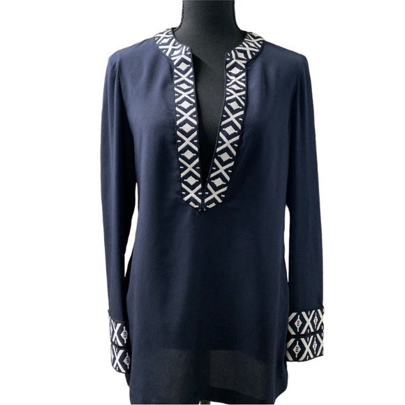 TORY BURCH NAVY EMBROIDERED TAPED TUNIC - Picture 2 of 12